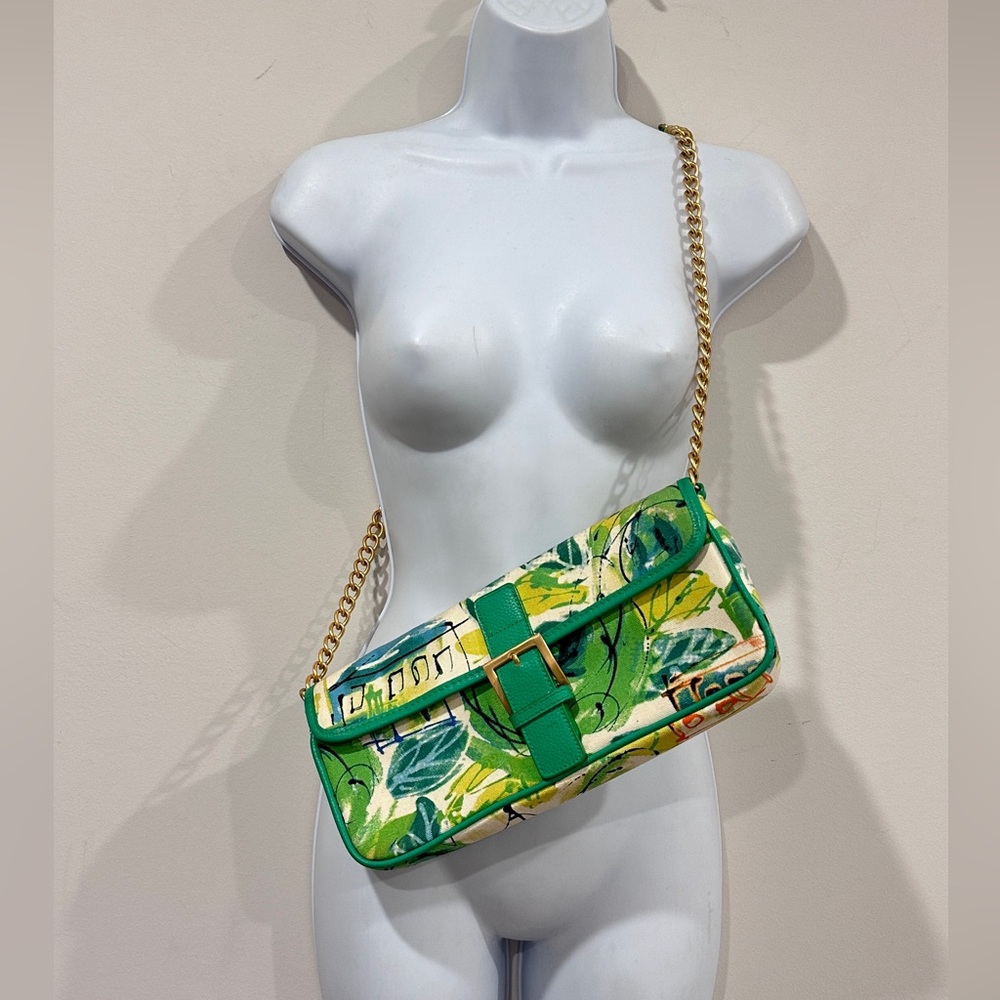 Vintage Green Abstract Pattern Handbag with Genuine Leather Details
